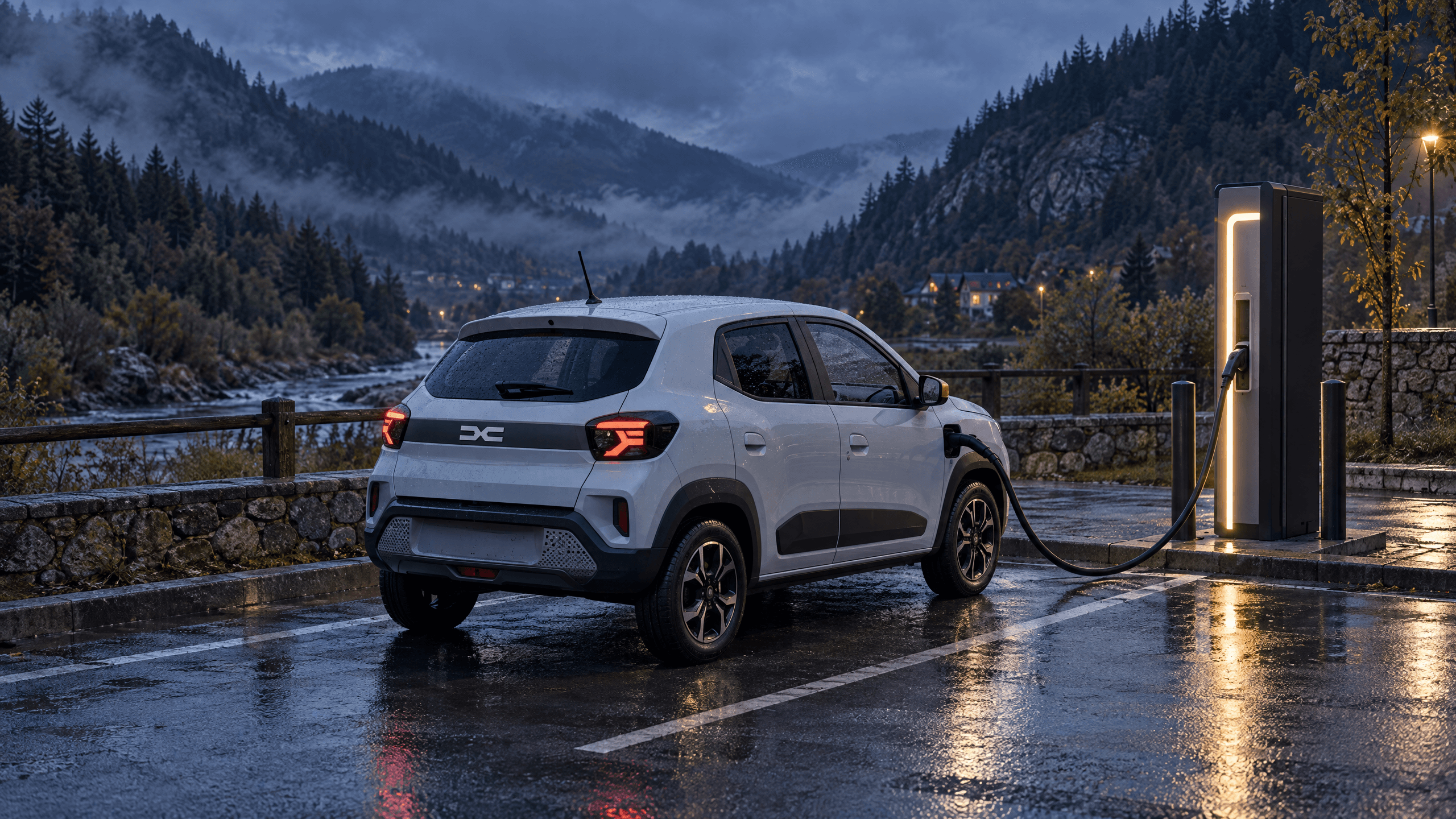 Dacia Spring conectată la o stație de încărcare, într-o vale de munte în amurg, cu asfalt ud